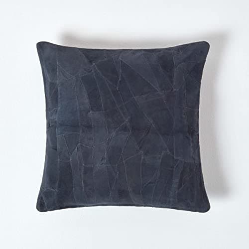 Image of HOMESCAPES Real Leather Navy Blue Cushion with Feather Cushion Insert 45 x 45 cm Square - 18 x 18 Inches - Navy Blue Recycled Leather Suede Sofa Cushion with Patchwork Pattern