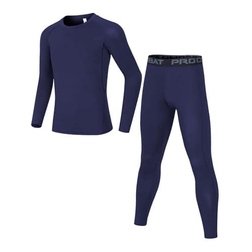 Image of Dtone Kids Base Layer Set Boys Football Skins Athletic Thermal Long Sleeve Top and Leggings for Sport Ski Navy 12-13 Years