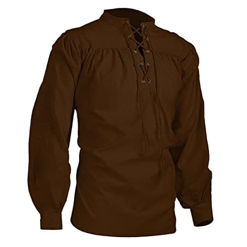 Image of Men's Jumpers Medieval Vintage Tunic Linen Shirt Classic Retro Collar Lace Up Pullover Steampunk Gothic Halloween Costume Casual Shirts Fisherman Pirate Tops Viking Clothing Brown