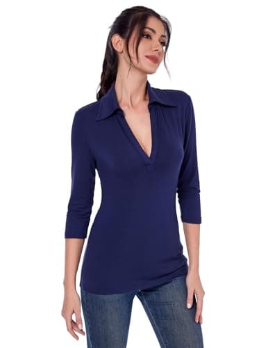 Image of AmélieBoutik Women Collared V Neck 3/4 Sleeve Polo Shirt, Blue, M