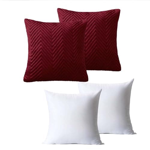 Image of BedLooms Cushions with Covers Included 45 x 45 cm Set of 4 (2 Burgundy Cushion Covers, 2 Cushion Inserts) Ultrasonic Square Throw Pillow Cases Decorative Sofa Cushion with Invisible Zipper