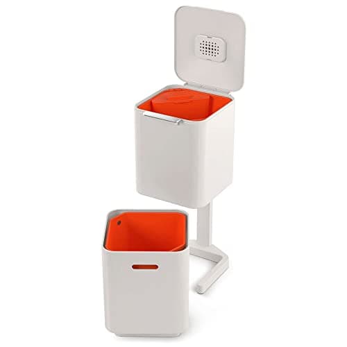 Image of Joseph Joseph Totem Compact 40 Litre Waste Separation and Recycling Kitchen Bin with odour filter and removable food waste caddy, Stone
