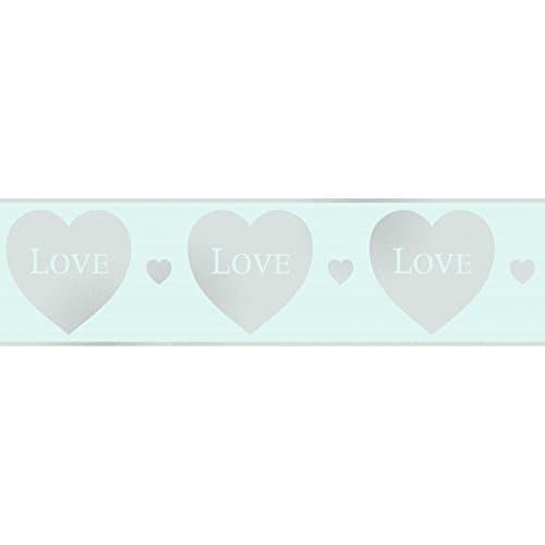 Image of Fine Decor Glitz Hearts Glitter Wallpaper Border Teal / Silver (DLB50148)