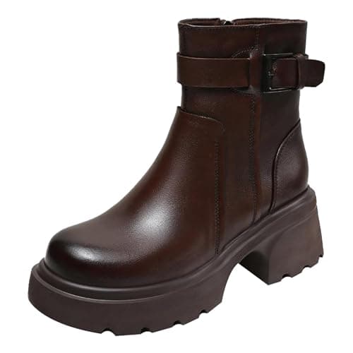 Image of Momolaa UK Size 3.5 Chunky Platform Ankle Boots for Women Low Chunky Block Heel Lug Sole Side Zipper Fall Heeled Combat Gothic Motorbike Biker Boots Brown