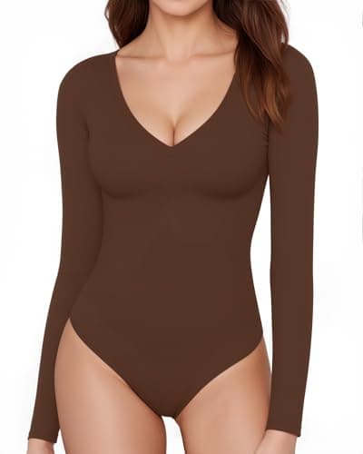 Image of ALGALAROUND Women's bodysuits Deep V Neck Long Sleeve Bodysuit for Ladies Body Suits Leotard Basic Sexy going out Tops 2025 Winter Brown M