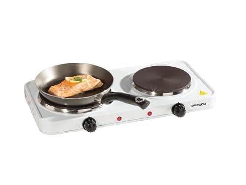 Image of Daewoo Double Electrical Hot Plate, Dual Adjustable Thermostatic Controls, Non-Slip Feet, Compact And Portable With Indictor Light- White