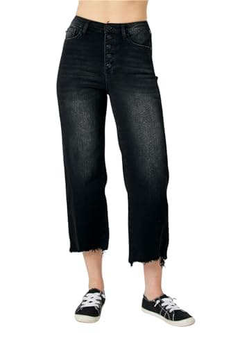 Image of Judy Blue High Waist Distressed Raw Hem Wide Leg Crop Jeans, Black, 9