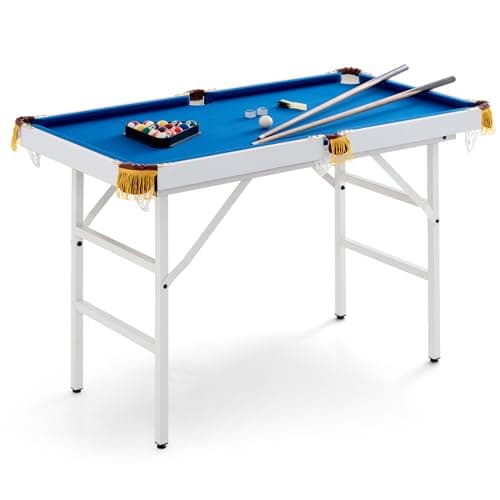 Image of GYMAX 4FT Folding Billiards Table, Portable Pool Game Table Set with 2 Cues, 16 Balls, 2 Chalk, Triangle & Brush, Family Leisure Snooker Table for Kids and Adults (Blue)