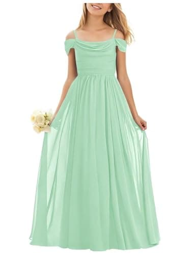 Image of BessDress Girls Formal Chiffon Dress for Evening Parties Off-Shoulder Flower Girl Dresses Long A Line Prom Gown Mint Green 14