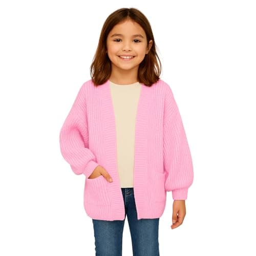 Image of janisramone® Girls Balloon Sleeve Cardigan with Pockets, Open Front Chunky Knitted Oversized Cardigan Comfortable Warm Winter Cardigans for Girls Age 7-13 Years Baby Pink