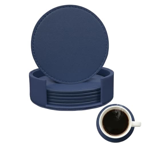 Image of Coasters Set of 6 Soft Leather Drink Coaster Round Coaster with Sewing Around, Suitable for Various Cups, Wooden Tables, Home Decoration and Housewarming Gifts (Navy)