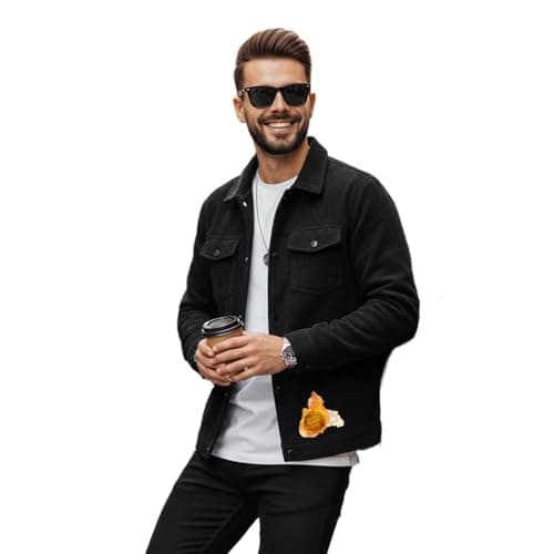 Image of HBER Corduroy Jacket for Men Button Down Vintage Long Sleeve Fall Shirts Casual Western Shacket Jacket with Flap Pockets, Black-fleece, XS