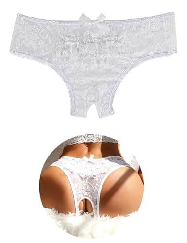Image of ohyeahlady French Knickers Women Ruffled Lace Thongs Stretchy Bikini Briefs Sheer Mesh Sexy Panties Brazilian Knickers Ladies Hipster Underwear White Size M