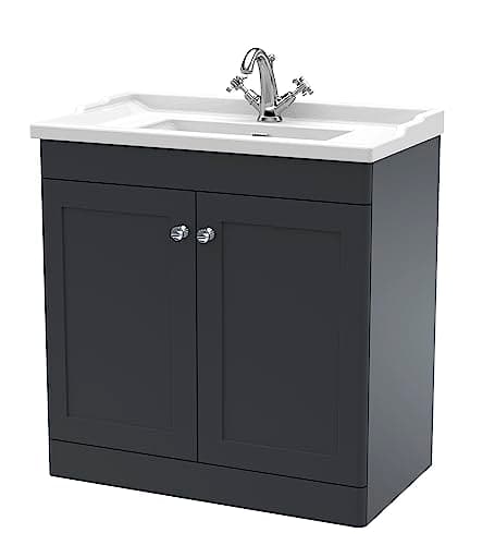 Image of nuie CLC1426F Classique Floor Standing 2 Door Vanity Unit & 1 Tap Hole Ceramic Basin, 800mm, Satin Anthracite, Soft Black