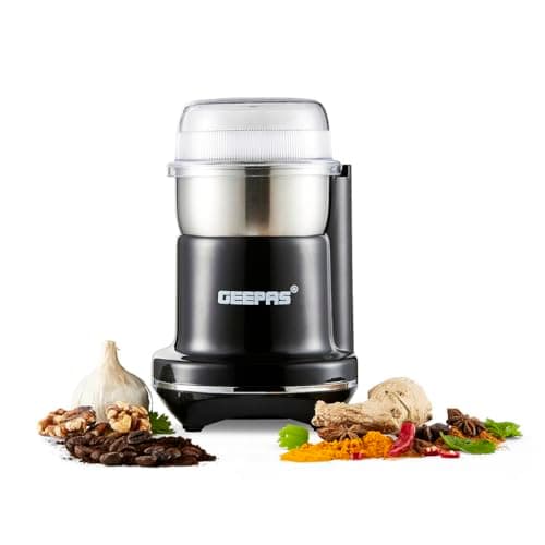 Image of Geepas Coffee Grinder | 200W Electric Coffee Grinder | Stainless Steel Blades for Coffee Beans Spices Herbs Dried Fruits & Nuts Grinding | Small Fixed Mill with Transparent Lid | 2 Year Warranty