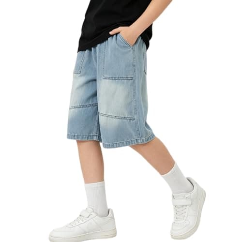 Image of Rolanko Boys Baggy Jeans Shorts, Elastic Waist Pull on Wide Leg Knee Length Summer Denim Shorts for Tween Kids, Blue Splice, 13-15 Years, 170