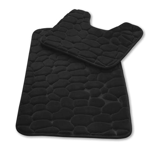 Image of GC GAVENO CAVAILIA Pebble Stone Bath Mat Non Slip | 2Piece Memory Foam Bath Mat Set Washable Rug Super Absorbent Shower Pedestal Mat | Quick Dry Bathroom Toilet Mat Sets BathMat, Black