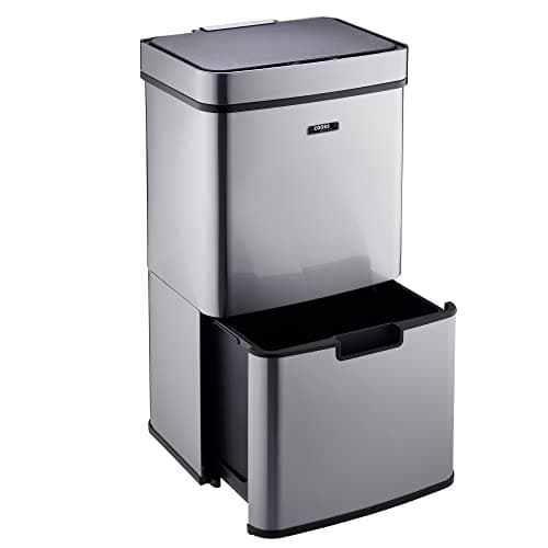Image of Cooks Professional Recycling Sensor Bin 75L with Dual Compartments and Removable Food Caddy for Kitchen | Smart Automatic Brushed Stainless Steel Bins | Silver