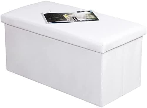 Image of Faux Leather Ottoman Storage Box with Lid, Multi-Purpose Foldable Footstool Rest Seat Storage Stool Toys box Chest Bench Blanket Linen Laundry Box (White, Large - 76x38cm)
