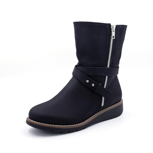 Image of Cushion Walk EEE Extra-Wide Fit Faux Nubuck Leather Calf Length Biker Boots (8 UK, Black)