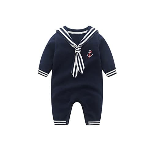 Image of Mud Kingdom Baby Boys Girls Onesie Romper Knitted Ribbed Jumpsuit for Girl Nautical Style Bodysuits Unisex Blue 12-18 Months