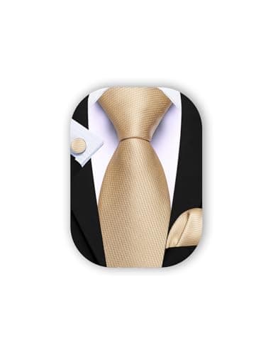 Image of Barry.Wang Beige Tie Mens Silk Champagne Necktie Pocket Square Cufflinks Set Wedding Formal