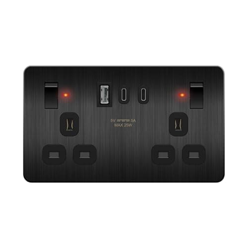 Image of LIDER 2-Gang Switched Socket, USB TYPE C&A Ports, LED Power Indicator, Always-On USB Ports, 25W Combined Output, Stainless Steel, UKCA, Brushed Black (Use a 35mm-deep back box)