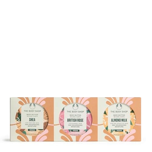 Image of The Body Shop Body Butter Trio Gift Set, Shea, Almond Milk & British Rose Body Butter, Nourishing Body Moisturiser Set, 96hr Hydration, Dry to Sensitive Skin, Softening Glow, Vegan Skincare Gift