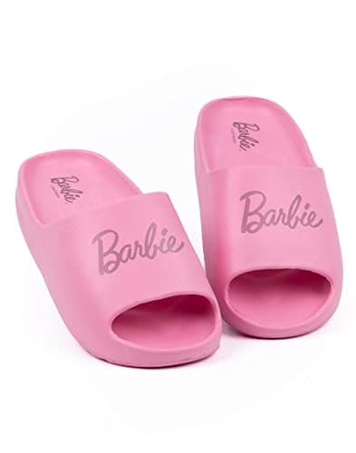 Image of Barbie Womens Sliders | Pink Moulded Ridge Bottom Sandals For Ladies | Fashion Doll Classic Logo Beachwear & Summer Pool Shoes | Slip-on Footwear Movie Merchandise Gift for Adults