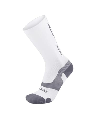 Image of 2XU Unisex Vectr Light Cushion Crew Socks - Moisture-Wicking, Breathable, and Supportive Athletic Socks - White/Grey - Size Small