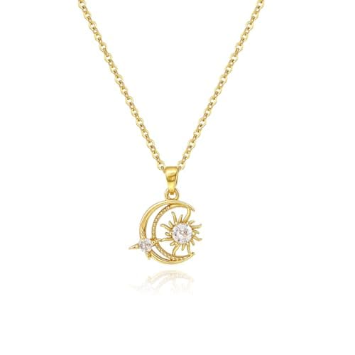 Image of Weviway 14K Gold Plated Sun Moon Star Charm Necklace for Women, Cubic Zirconia Celestial Crescent Pendant Chain, Sunflower Necklace Jewellery Gift