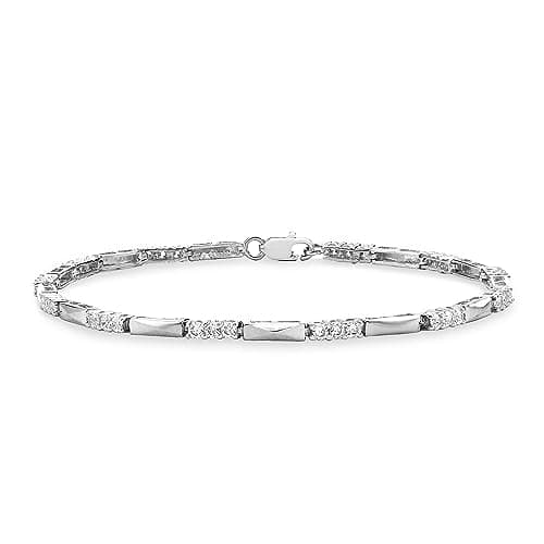 Image of CARISSIMA Women's 9 ct White Gold 2 mm Round Claw Set CZ and Bar Link Chain Bracelet of Length 19 cm/7.5 Inch