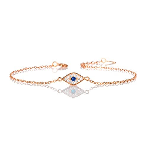 Image of Diamond Treats Dainty Rose Gold Evil Eye Bracelet in 925 Sterling Silver for Women and Teen Girls, Rose Gold Bracelet with Sparkling Cubic Zirconia Stones