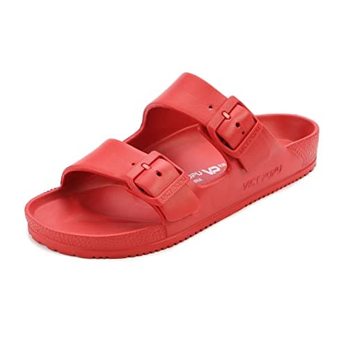 Image of VICT POPU Womens Sandals Open Toe Adjustable Double Buckle Strap Waterproof EVA Footbed Arch Support Mules Slides Red UK 3