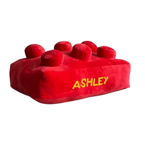 Image of Echo Three Personalised Building Brick Cushion | Red Pillow Name | Kids Room Gift Home Filled Cushions Decorative Retro Fun
