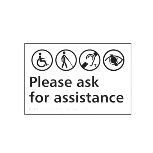 Image of Please ask for assistance Braille Tactile Sign Self Adhesive White W300mm x H200mm