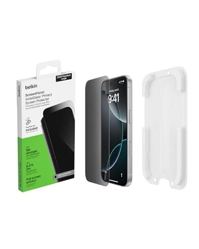 Image of Belkin ScreenForce InvisiGlass iPhone 17 Pro Max Privacy Screen Protector, Scratch-Resistant Impact Protection, Easy Align Tray for Bubble Free Application Included, 9H Hardness Tested Recycled Glass