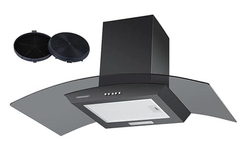Image of Cookology CGL900BK/A Cooker Hood Chimney Kitchen Extractor Fan 90cm with Carbon Filters, Recirculating Wall Mounted, Curved Glass, Energy Rating A, 3 Speed Settings, LED, Adjustable Height - Black