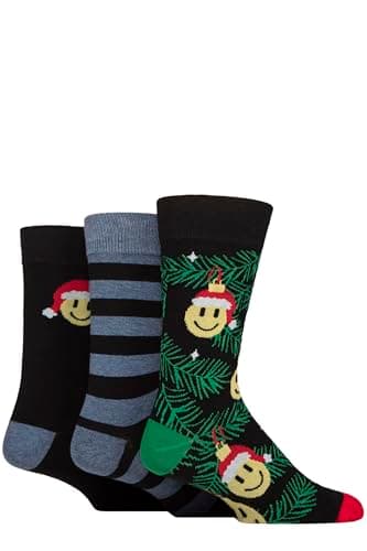 Image of SockShop Wildfeet Mens Christmas Socks - Fun, Novelty Patterns, Soft Cotton, in Candy Cane Gift Box 3 Pair Multipack Size 7-11 Smiley Face Baubles