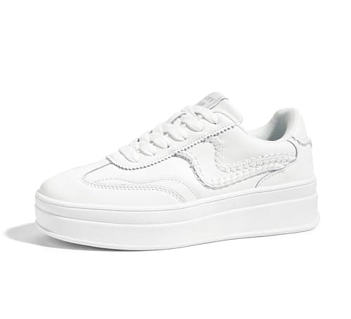 Image of LUCKY STEP Women's Platform Trainers – Chunky Fashion Sneakers, Casual Lace-Up Walking Shoes with Stitch Detailing, Comfortable Everyday Footwear (White, 10US-41EU-8UK)