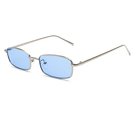 Image of Ggpyyon Vintage Narrow Rectangle Sunglasses for Women Men, Retro 90s Small Metal Frame Square Glasses Candy Colors(Silver/Blue)