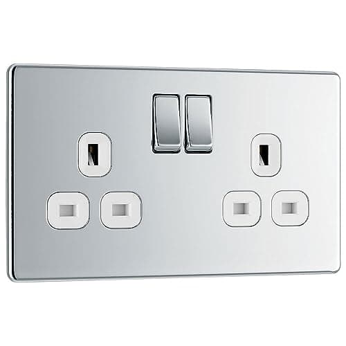 Image of BG Electrical Double Switched Power Plug Wall Socket, Flatplate Screwless, Polished Chrome, White Inserts, 13A, FPC22W