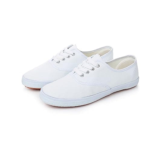 Image of Womens Classic White Canvas Low Top Sneakers Lace up Tennis Shoes Lightweight Casual Comfortable Skate Casual Shoes Rubber Sole Canvas Sneakers