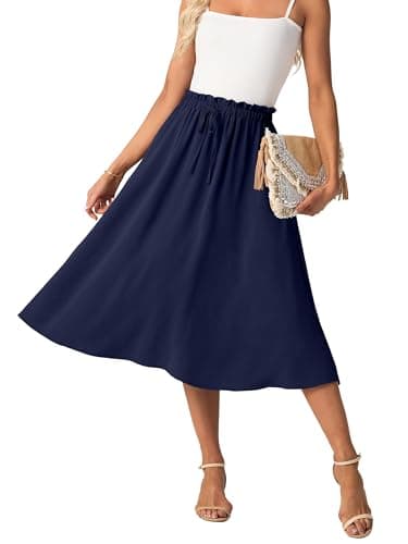 Image of GRECERELLE Womens Summer Midi Skirts Boho Flowy Casual High Waisted Palazzo A-Line Skirt with Pockets & Adjustable Tie Belt (Navy Blue, M)