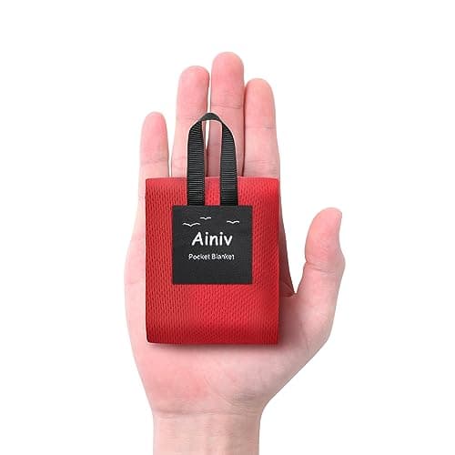 Image of Ainiv Picnic Blanket, Mini Pocket Beach Mat 70 x 110 cm (1-2 People) Foldable, Lightweight Waterproof Sand Free, with Hand Strap, Foldable Thin Ground Sheet for Outdoor Camping Hiking Travel - Red