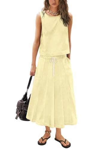 Image of Yanekop Womens Skirt Sets 2 Piece Outfits Casual Summer Sets Vacation Matching Lounge Set Midi Skirt and Top Set 2025, Light Yellow, L