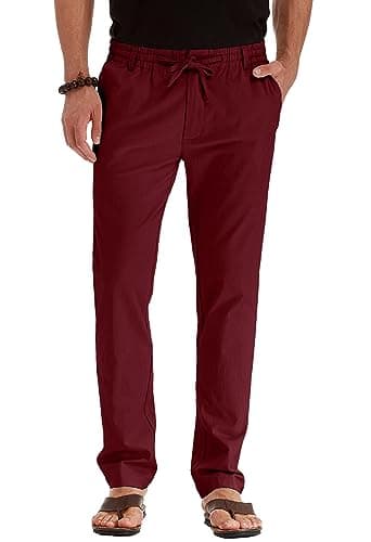 Image of Sailwind Mens Summer Trousers Linen Drawstring Beach Loose Trousers for Men Men's Elasticated Waistband Breathable Pants Daily Wear (Wine Red, 32)