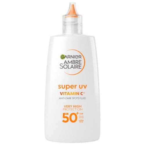 Image of Garnier Ambre Solaire Sun Cream Super UV Vitamin Cg Facial Fluid for Daily Use, Very High UV Protection SPF50+, Reduces the appearance of Dark Spots, Boosts Skin Glow, Cruelty Free 40ml
