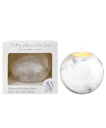 Image of Glass Candle Holder with Soft Feather Filling – 10x10x9cm Tea Light Holder Sympathy Gift for Comforting Moments – Memorial Candle Keepsake & Remembrance Gifts – Angels Wings & Feathers