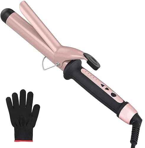 Image of Curling Tongs, Curling Wand 38mm Hair Curler Large Barrel Curling Iron for Long Thick Hair with Glove 120°C-210°C Adjustable Auto-Off
